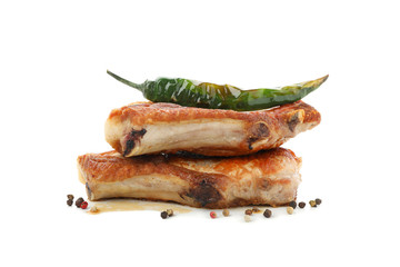 Fried steaks isolated on white background. Grilled food