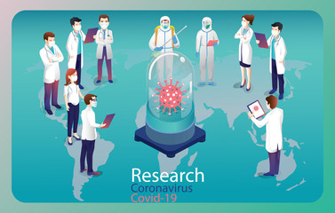 Many Doctor in Uniform Protective Facial Mask, Coronavirus Vaccine Research and Development in Medical Laboratory Condition. Study Covid19 Virus, Mixing Healing Ingredient in Test Tube Flask. Vector