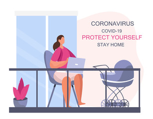 Girl on Balcony.Stay Home Work Home.Protect Yourself.Keeping Distance for Decrease Infection Risk For Prevent Virus Covid-19.Stay Home on Quarantine During Coronavirus Epidemic.Vector Illustration