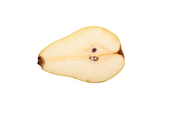 Half organic pear with seeds up view