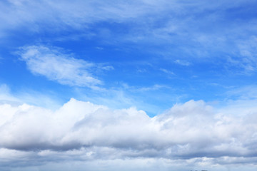 Background of blue sky with clouds. Blue, white pastel paradise, soft focus lenses, glare of...