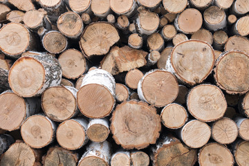Pile firewood prepared for fireplace. Kiln dried wood for fire