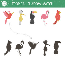 Tropical shadow matching activity for children. Preschool jungle puzzle. Cute exotic educational riddle. Find the correct bird silhouette printable worksheet. Simple summer game for kids.