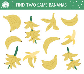 Find two same bananas. Tropical matching activity for preschool children with cute tropic fruits. Funny jungle puzzle for kids. Logical quiz worksheet. Simple summer game for kids.