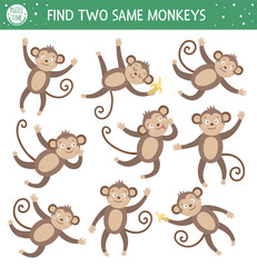 Find two same monkeys. Tropical matching activity for preschool children with cute animals. Funny jungle puzzle for kids. Logical quiz worksheet. Simple summer game for kids.