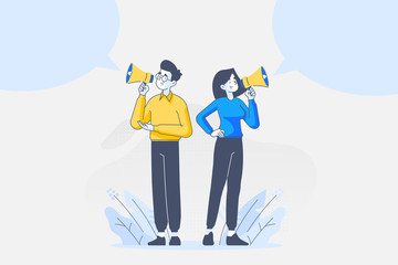 Message and announcement concept. Business people or employees holding megaphone and announces their message. Big blank speech bubbles on background, vector illustration