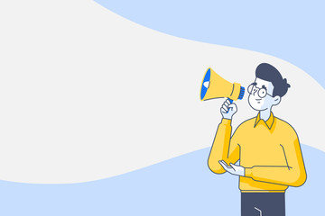Message and announcement concept. Businessman or male employee holding megaphone and announces his message. Big blank speech bubble on background, vector illustration