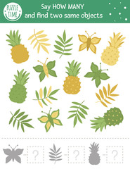 Tropical counting game with exotic fruits. Tropic math activity for preschool children. How many objects worksheet. Educational riddle with cute funny pictures. Simple summer game for kids.