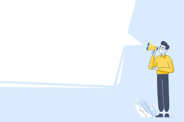 Message and announcement concept. Businessman or male employee holding megaphone and announces his message. Big blank speech bubble on background, vector illustration
