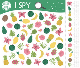 Tropical I spy game for kids. Exotic searching and counting activity for preschool children with cute elements. Funny jungle game for kids. Logical quiz printable worksheet. Simple summer game..