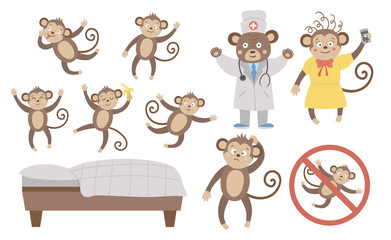 Vector set with cute five little monkeys, mommy, doctor, bed isolated on white background. Funny nursery rhyme and song illustration. Bright flat picture for children. Jungle summer clip art.