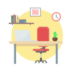 Working place at home. Home cabinet with table, computer and chair. Vector illustration with isolated objects.