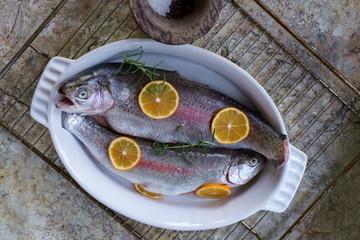 Flat lay two fresh fishes with rosemary and lemon in white plate cooking at home