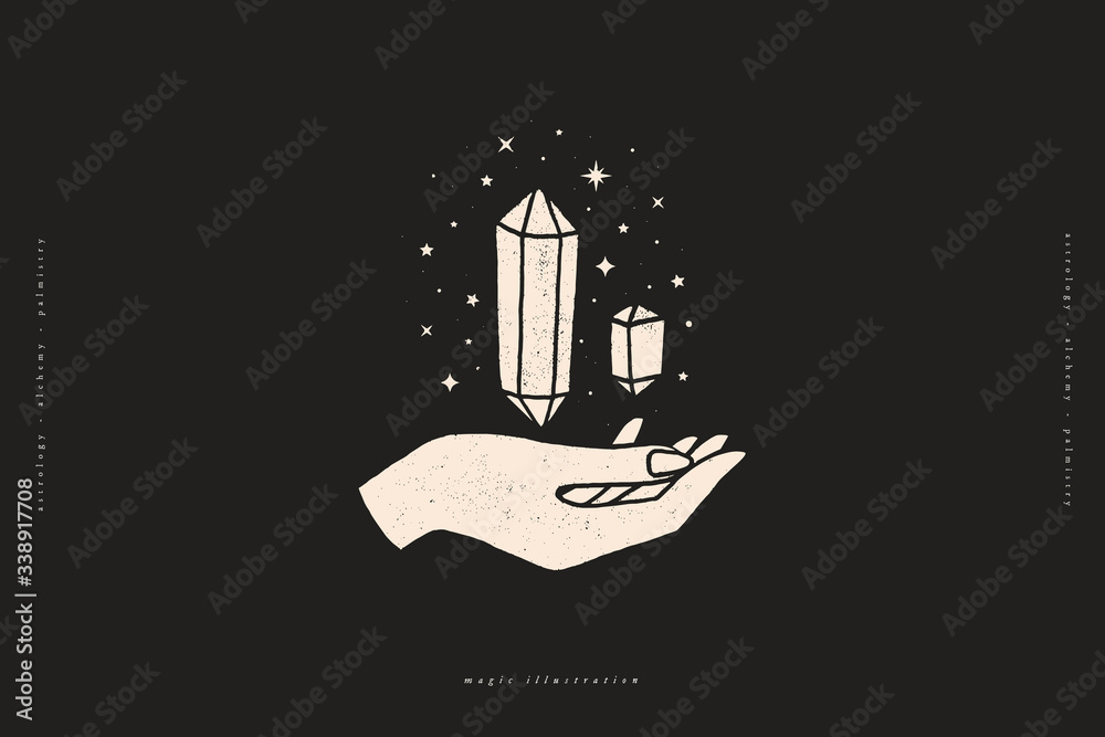 Poster magic crystals sparkle and soar above the hand. mystical symbols in a trendy minimalist style on a b