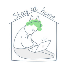 Stay and work at home concept. Cute cartoon man sitting in linear house with computer and cat. Remote work, home office, isolation or quarantine icon concept. Flat line vector illustration on white.