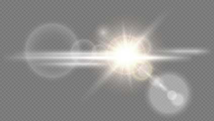 Abstract golden front sun lens flare translucent special light effect design. Vector blur glow glare. Isolated transparent dark background. Decor element. Horizontal star burst rays and spotlight