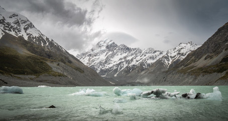 Storm approaching in alpine terrain. Glacial lake with pieces of ice with mountain in backdrop shot at Aoraki/Mt Cook National Park, New Zealand