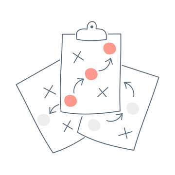 Different success strategies in pile. Win-win strategic planning, formation and tactic, roadmap, competition concept. Flat line vector icon on white.