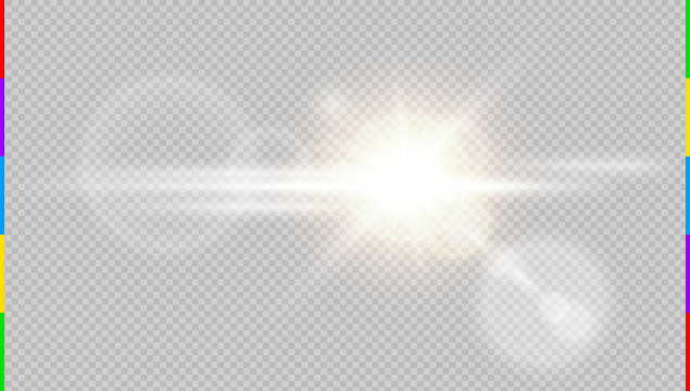 Abstract front sun lens flare translucent special light effect design. Vector blur in motion glow glare. Isolated transparent background. Decor element. Horizontal star burst rays and spotlight
