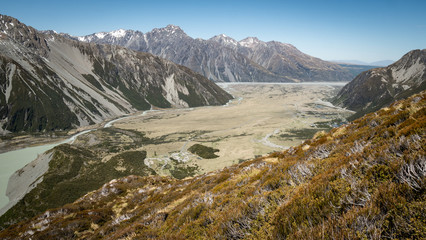 View on alpine valley from Sealy Tarns Viewpoint shot in Aoraki / Mt Cook National Park, New Zealand