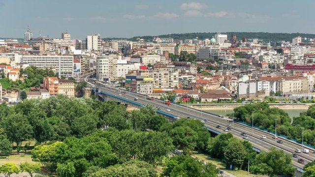 Panorama of Belgrade, Serbia. River Sava and Branko bridge. City skyline. Time lapse video.