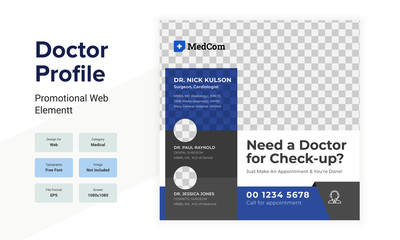 Social Media Doctor profile Layout with Blue and Black Overlay Elements. Doctor profile design with blue color and overlay element.