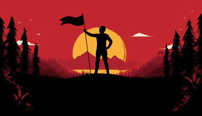 Freedom revolution - Proud man on hilltop holding a flag with nature, sunset and red sky in background. Winner, success and power concept. Vector illustration. - obrazy, fototapety, plakaty