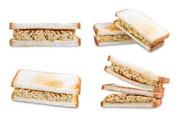 Canned Tuna salad sandwiches on a white isolated background