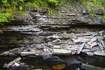 Limestones of the Ordovician period. Layers of ancient sedimentary rocks. Petrified animals in the...
