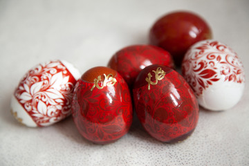 red Easter eggs on a white background