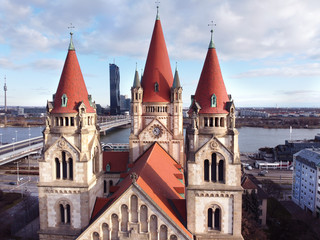 Fototapeta na wymiar St. Francis of Assisi Church, Vienna, Aerial Drone view