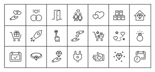 International Jeweler Day Set Line Vector Icons. Contains such Icons as Love, Heart, Hand, Family, Wedding Rings, Diamond, Jewelry store, Gift, Basket and more. Editable Stroke. 32x32 Pixels