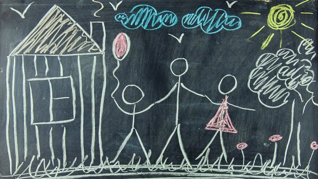 Happy Family near the house. Chalk drawing concept. Timelapse