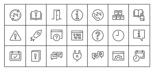 Set of Help And Support Vector Line Icons. Contains such Icons as Handbook, Book, Online Help, Tech Support and more. Editable Stroke. 32x32 Pixels