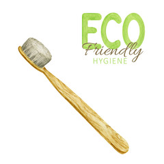 Bamboo toothbrush for healthy teeth cleaning. Biodegradable wooden material. Isolated Eco-friendly hygiene products. Zero waste Ecological design. Recycled eco lifestyle. Recycle Reuse Reduce concept.