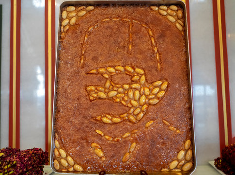 Turkish Dessert Revani in a tray / sponge cake