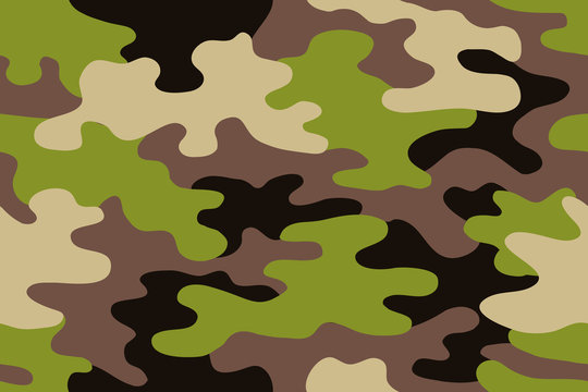 Seamless classic camouflage pattern. Camo fishing hunting vector background. Masking green beige black brown color military texture wallpaper. Army design for fabric paper vinyl print.