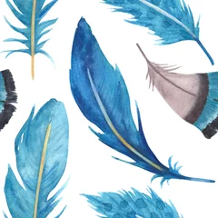 Gardinen Handgezeichnetes Aquarell lebendige Federn nahtlose Muster © sovaka