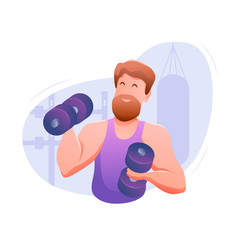 Sports banner flat design isolated. Young muscular sportsman with dumbbells in gym. Performing a bench press by an athlete in training. Modern vector illustration.