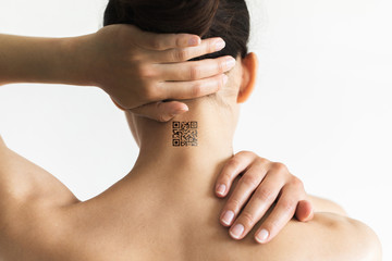 Person with QR code on neck. Future technology of chipization people for observation in coronavirus social crisis time. Restriction of freedom.
