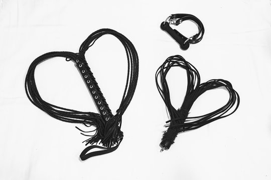 Black flogger and horse gag on white background