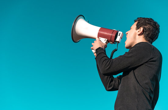 megaphone as a tool for loud communication of important news and information. Copy space. Isolated