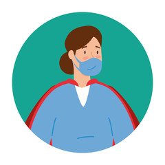 super female paramedic with face mask and hero cloak vector illustration design