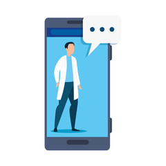 medicine online with doctor male in smartphone vector illustration design