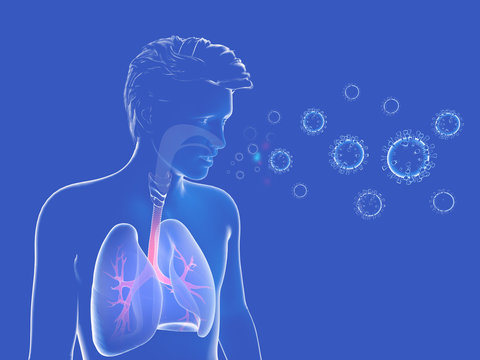 3d illustration of human respiratory system and viruses and bacteria that can enter or leave it with cough and sneeze. Transparent image on dark blue background.
