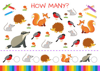 Mini-game for children: how many. Set of funny characters: animals, birds, and plants. Vector illustration for kids.