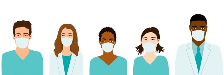 Group of medical professionals wearing protective face masks, doctors and nurses in scrubs. Diverse People Set Line Isolated vector illustration.