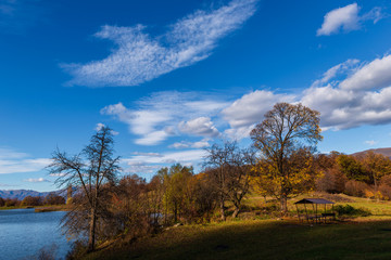 Obraz premium Beautiful landscape with Tsover lake and arrounded mountains and trees, Armenia