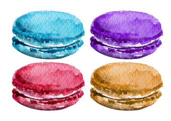 Watercolor colorful macaroons isolated on white background