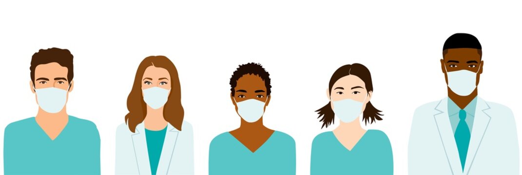 Group Of Medical Professionals Wearing Protective Face Masks, Doctors And Nurses In Scrubs. Diverse People Set Line Isolated Vector Illustration.